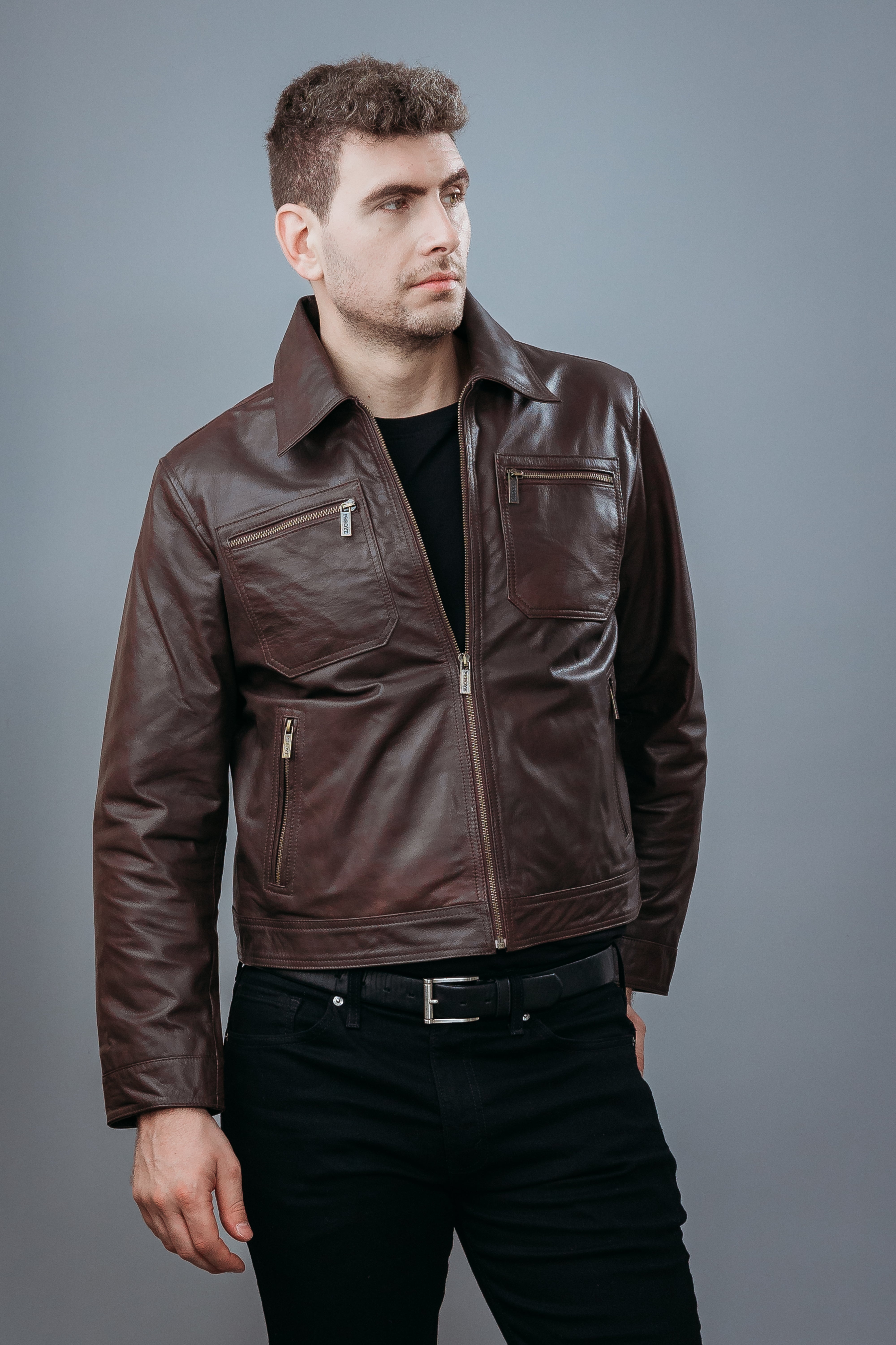 Men's Shirt Collar Style Moto Jacket made with Buffalo Top Grain Leather in Dark Brown Colour. Inner Lining is Silk Satin Material in Brown Colour. It has Zipper and Antique Brass Trim.