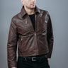 Men's Shirt Collar Style Moto Jacket made with Buffalo Top Grain Leather in Dark Brown Colour. Inner Lining is Silk Satin Material in Brown Colour. It has Zipper and Antique Brass Trim.