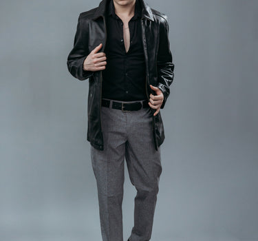 Men's Three Quarter Coat made with Natural Cow Leather in Black Colour. Inner Lining is Silk Satin Material in Black Colour. It has Zipper and Gun Metal Trim.