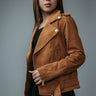 Women's Biker Jacket made with Suede Goat Leather in Brown Colour. Inner Lining is Silk Satin Material in Brown Colour. It has Zipper and Golden Trim.