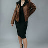 Women's Faux Fur Aviator Jacket made with Sheep Top Grain Nappa Leather in Brown Colour. Inner Lining is Faux Fur Material in Black Colour.  It has Zipper and Golden Trim.