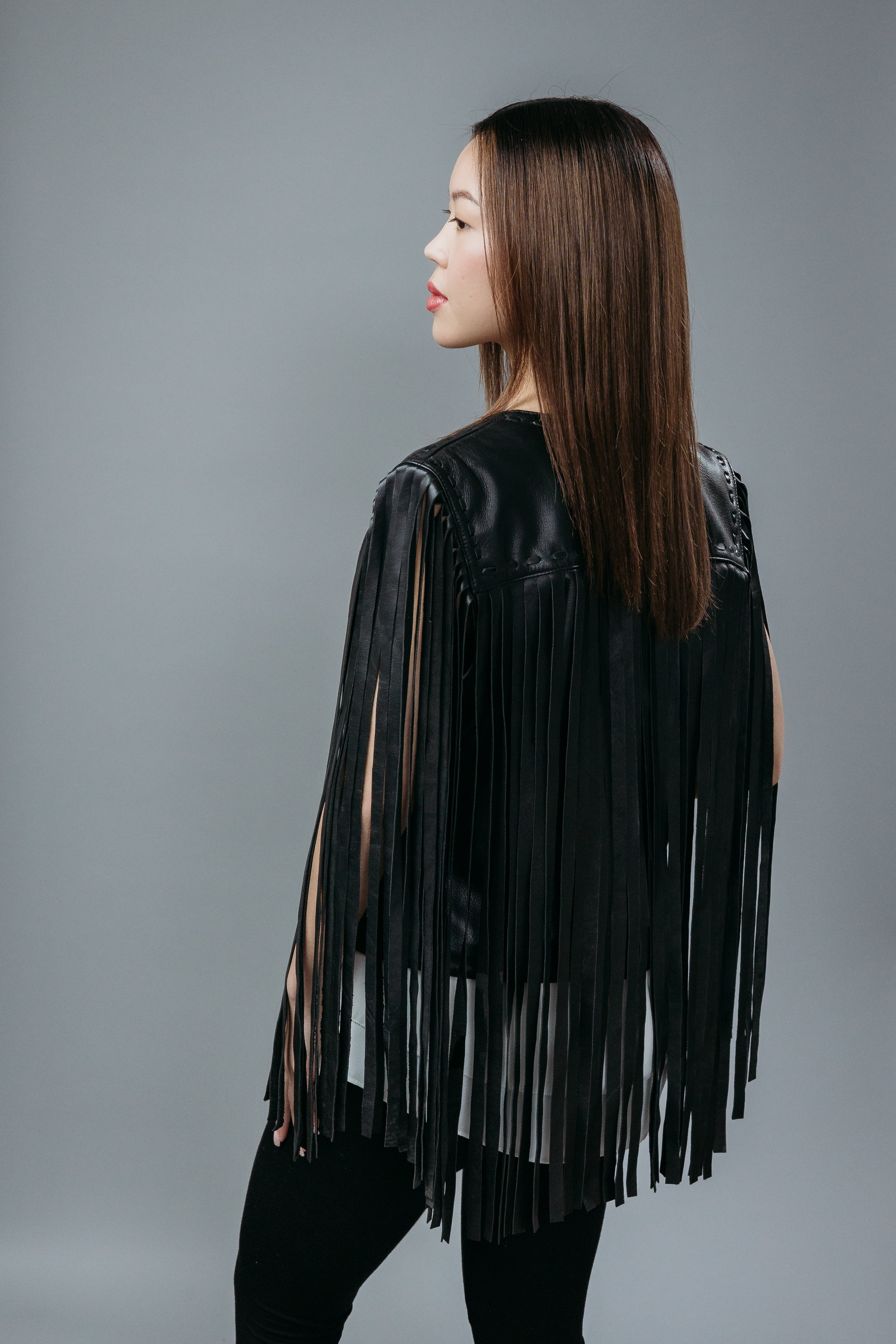 Women's Fringe Jacket made with Semi-Aniline Sheep Leather in Black Colour. 