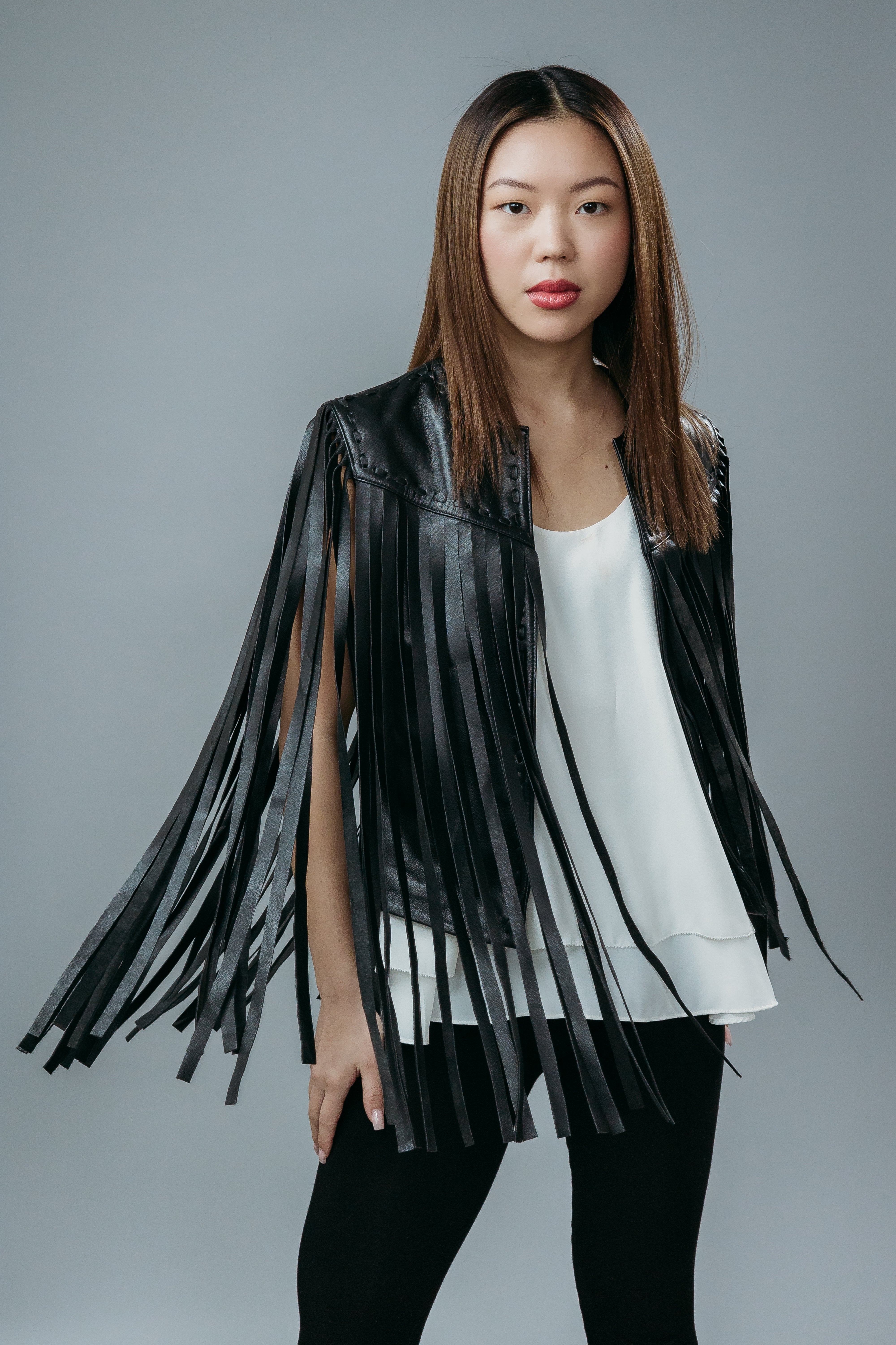 Women's Fringe Jacket made with Semi-Aniline Sheep Leather in Black Colour. 