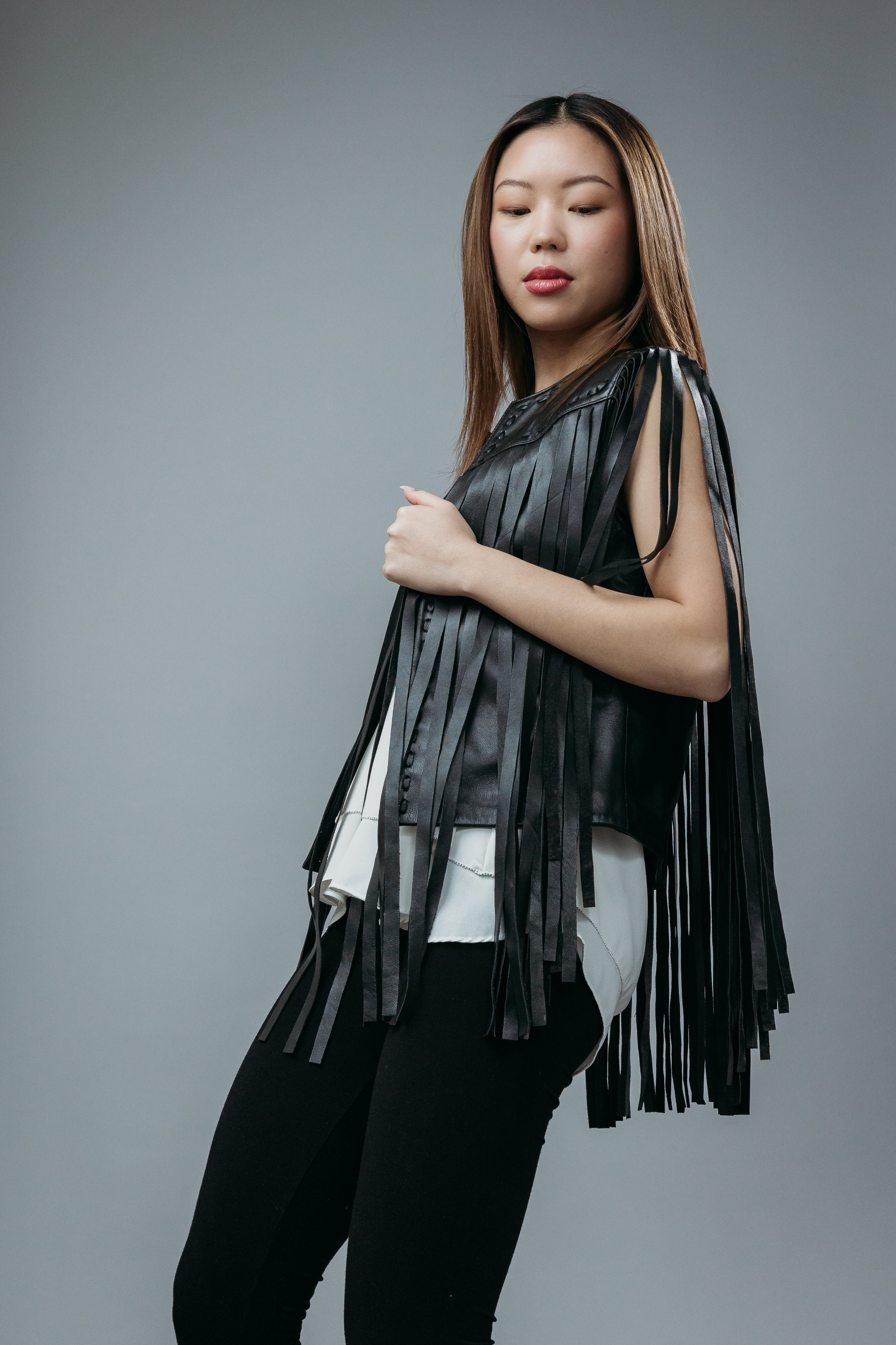 Women's Fringe Jacket made with Semi-Aniline Sheep Leather in Black Colour. 