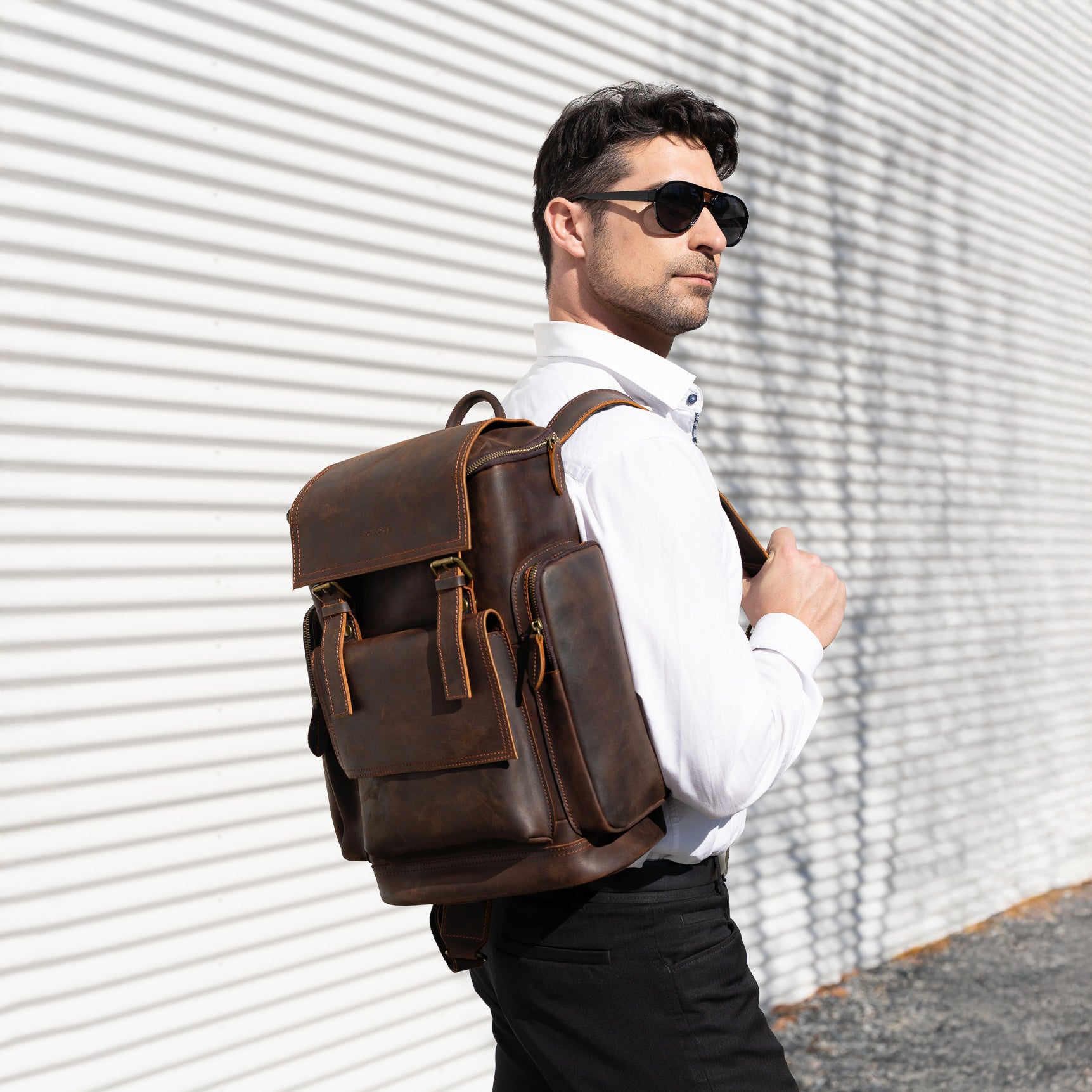 brown leather backpack laptop bag stylish rolltop office bag for men and women