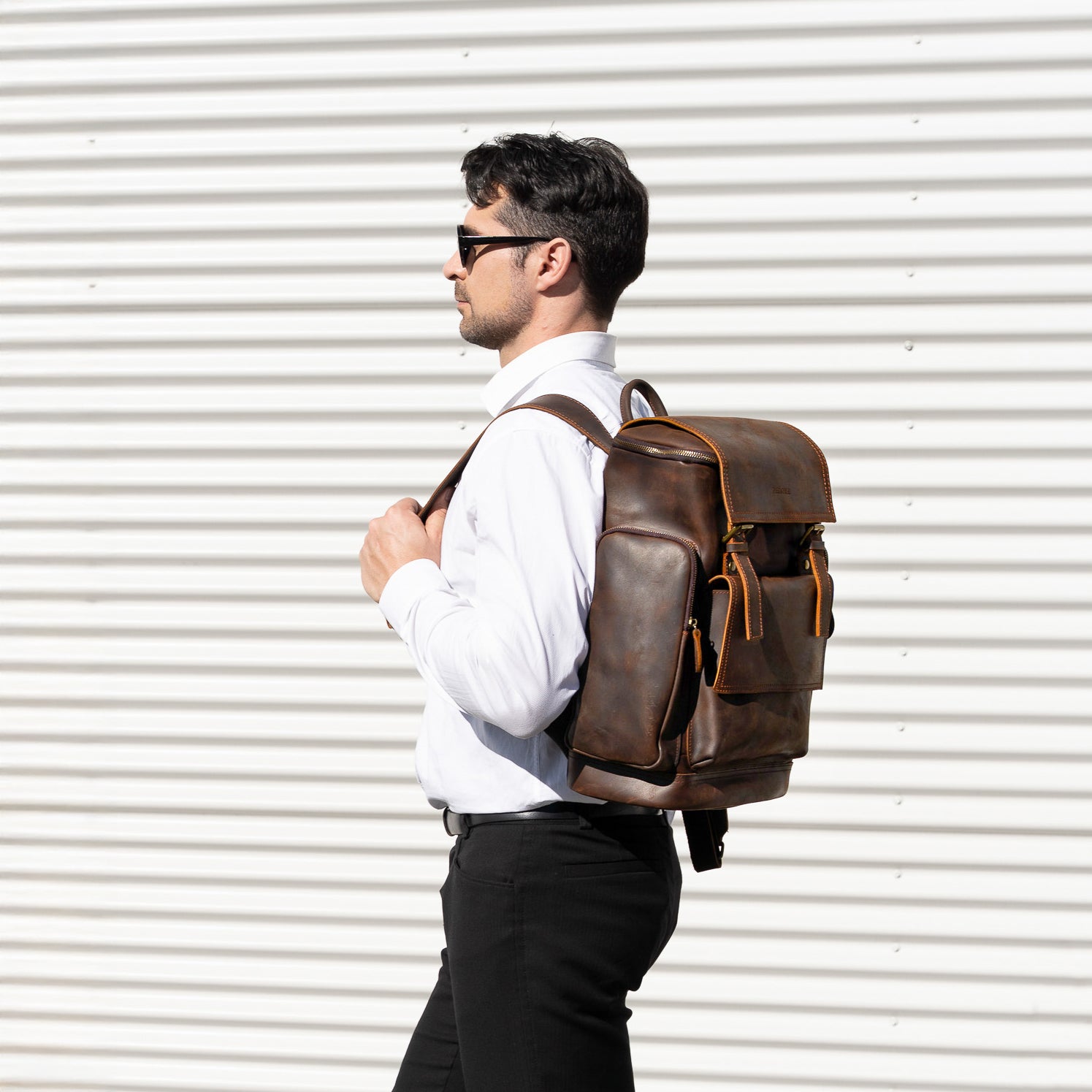 brown leather backpack laptop bag stylish rolltop office bag for men and women