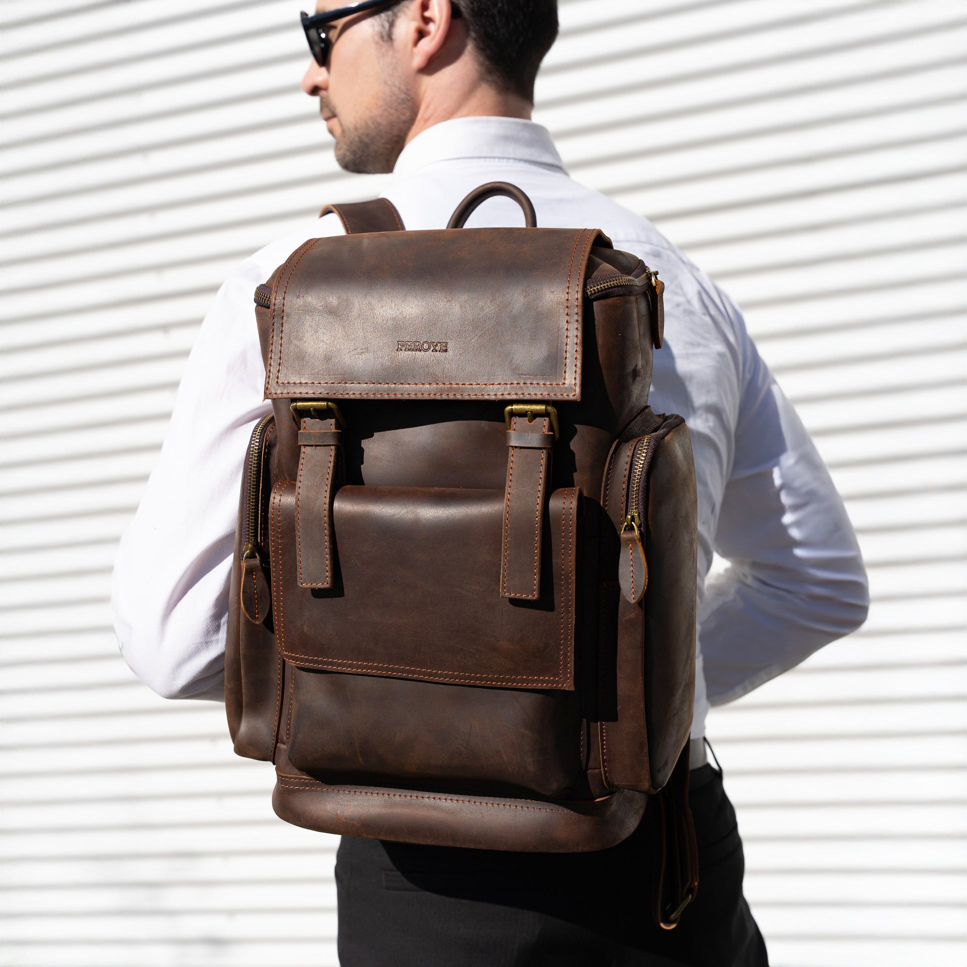 brown leather backpack laptop bag stylish rolltop office bag for men and women