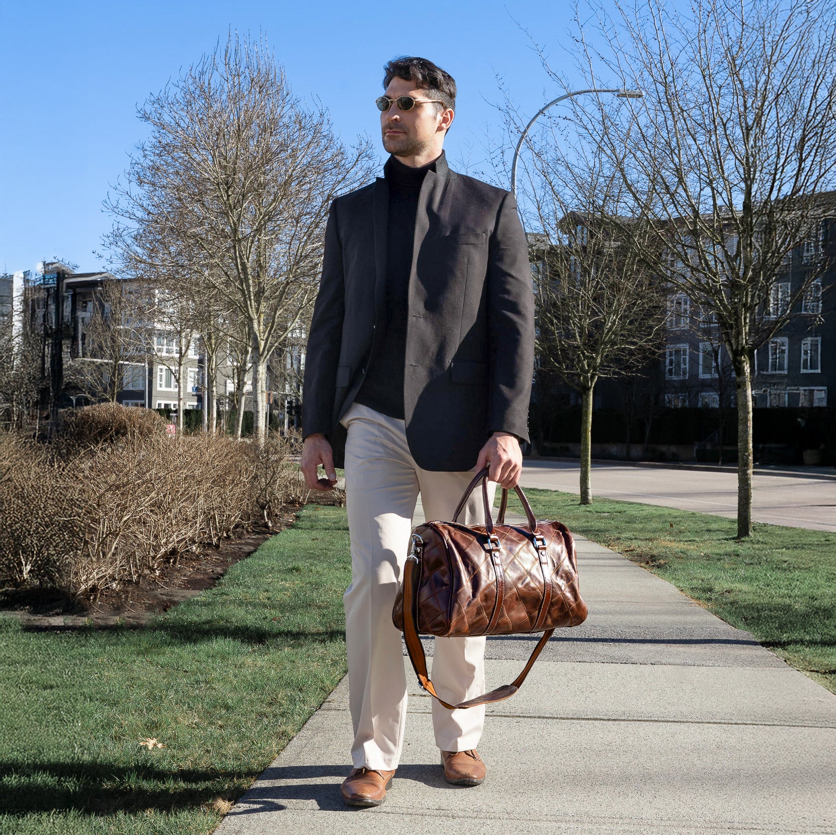 checkered leather brown duffel bag gym bag stylish weekender bag for men and women