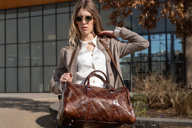 CHECKERED LEATHER DUFFEL BAG BROWN LEATHER WEEKENDER BAG
