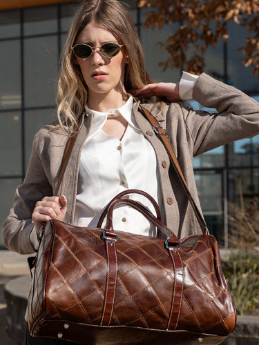 CHECKERED LEATHER DUFFEL BAG BROWN LEATHER WEEKENDER BAG