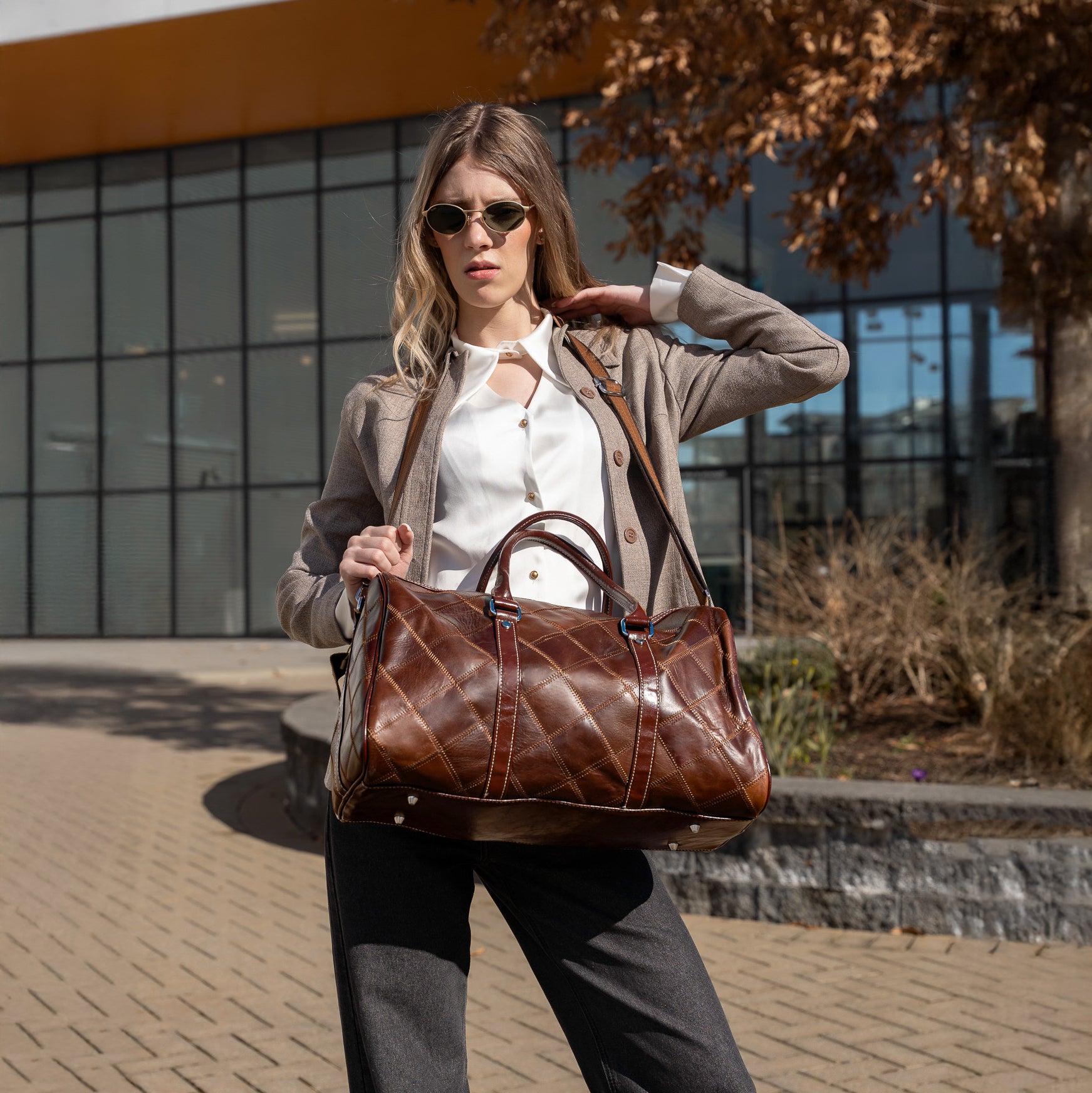 checkered leather brown duffel bag gym bag stylish weekender bag for men and women