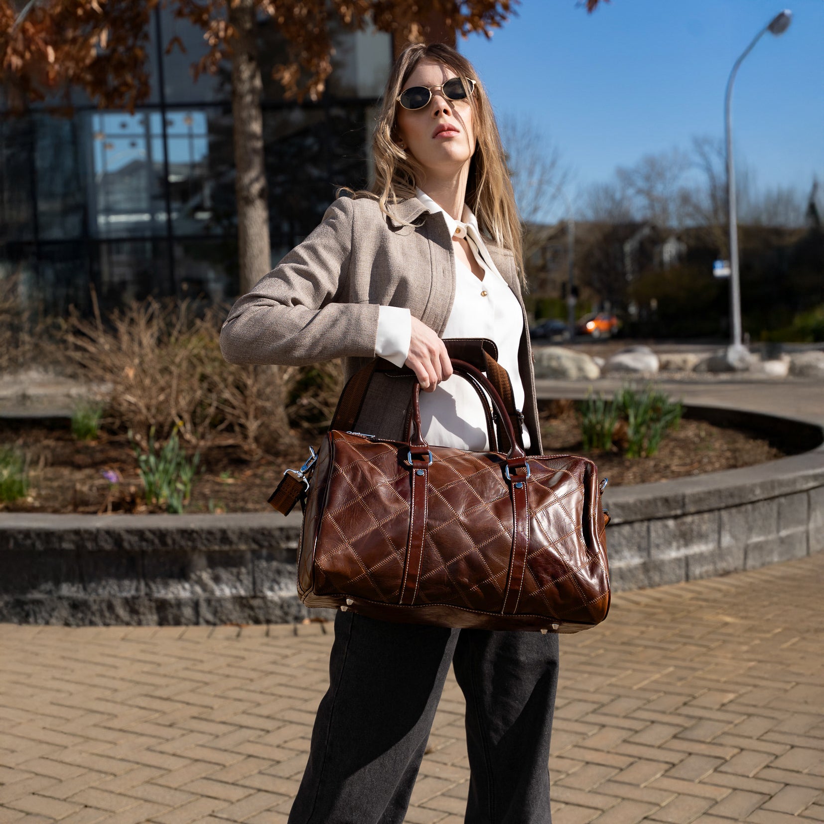 checkered leather brown duffel bag gym bag stylish weekender bag for men and women