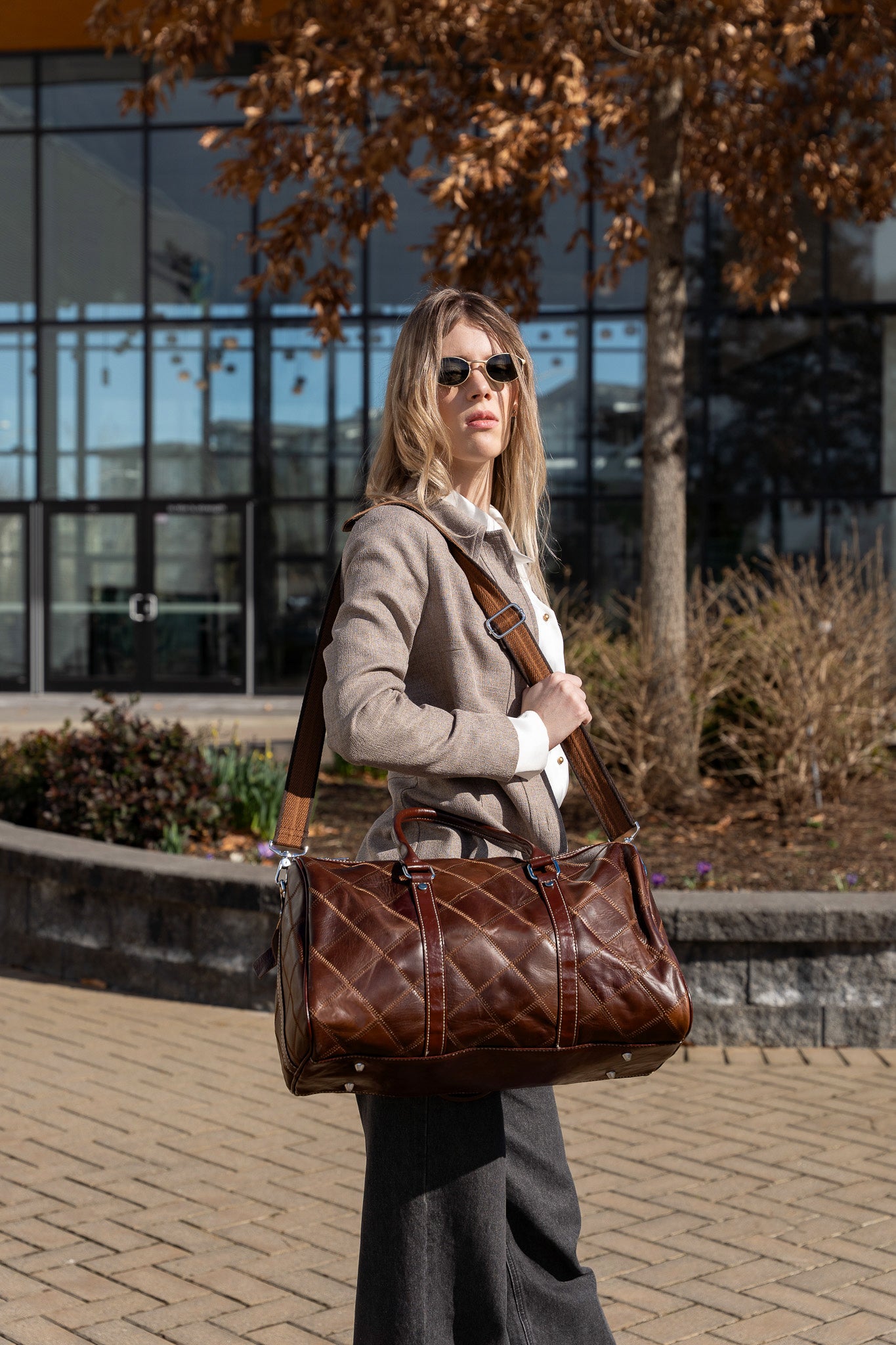 checkered leather brown duffel bag gym bag stylish weekender bag for men and women