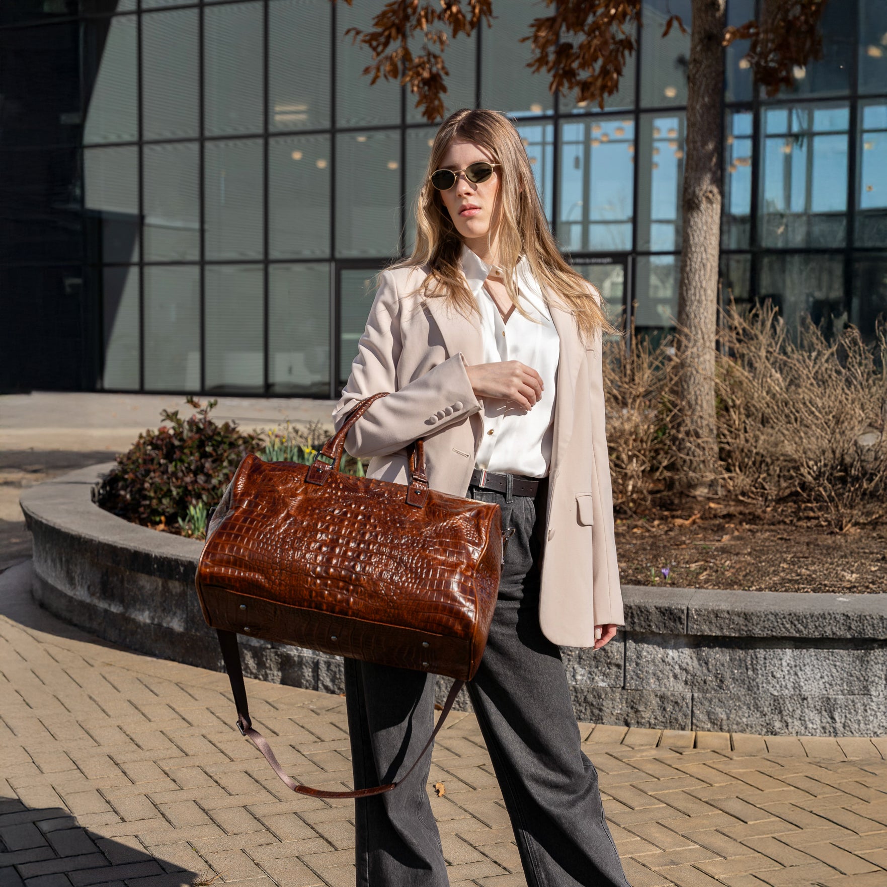 brown crocodile pattern alligator print leather duffel bag weekender bag for men and women