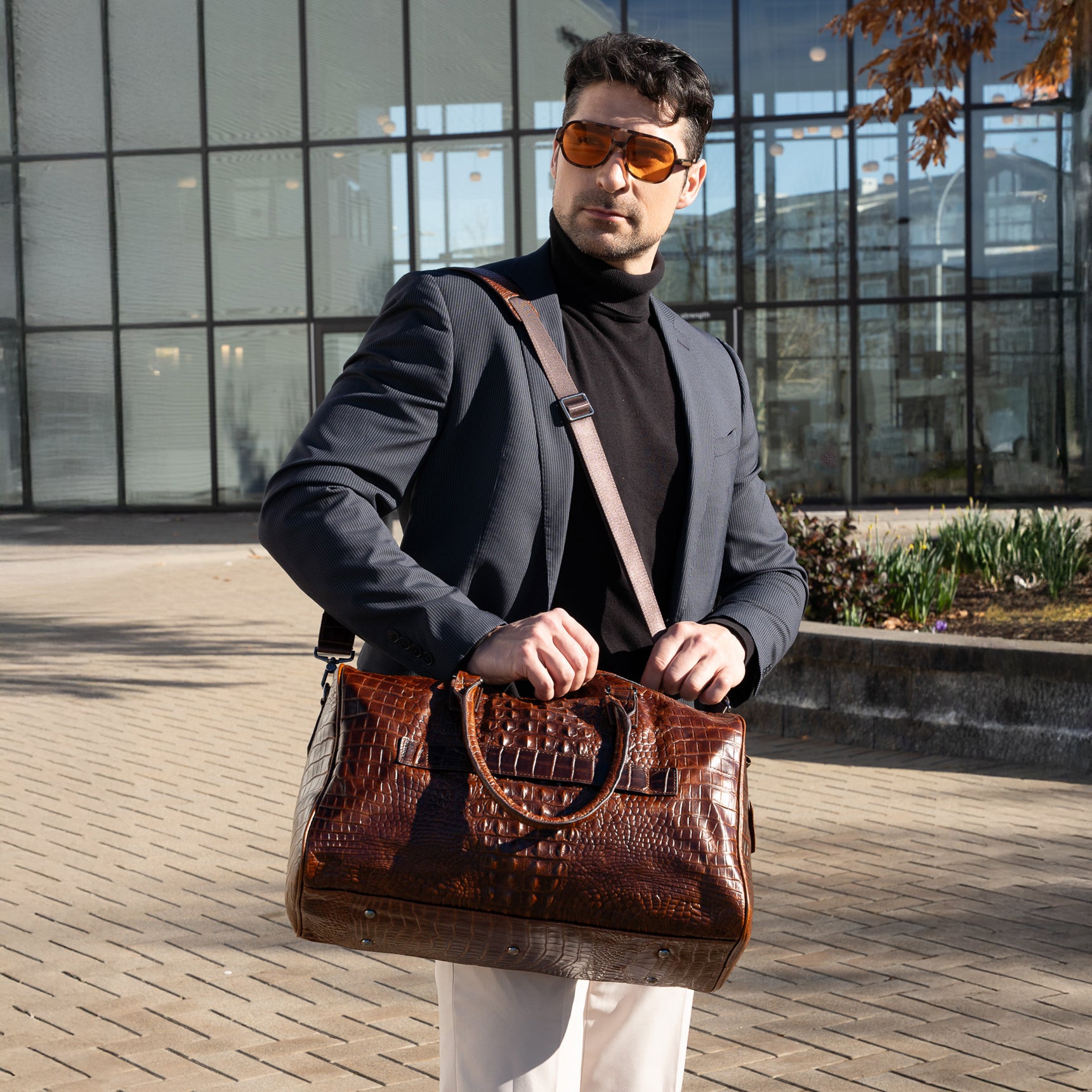 brown crocodile pattern alligator print leather duffel bag weekender bag for men and women