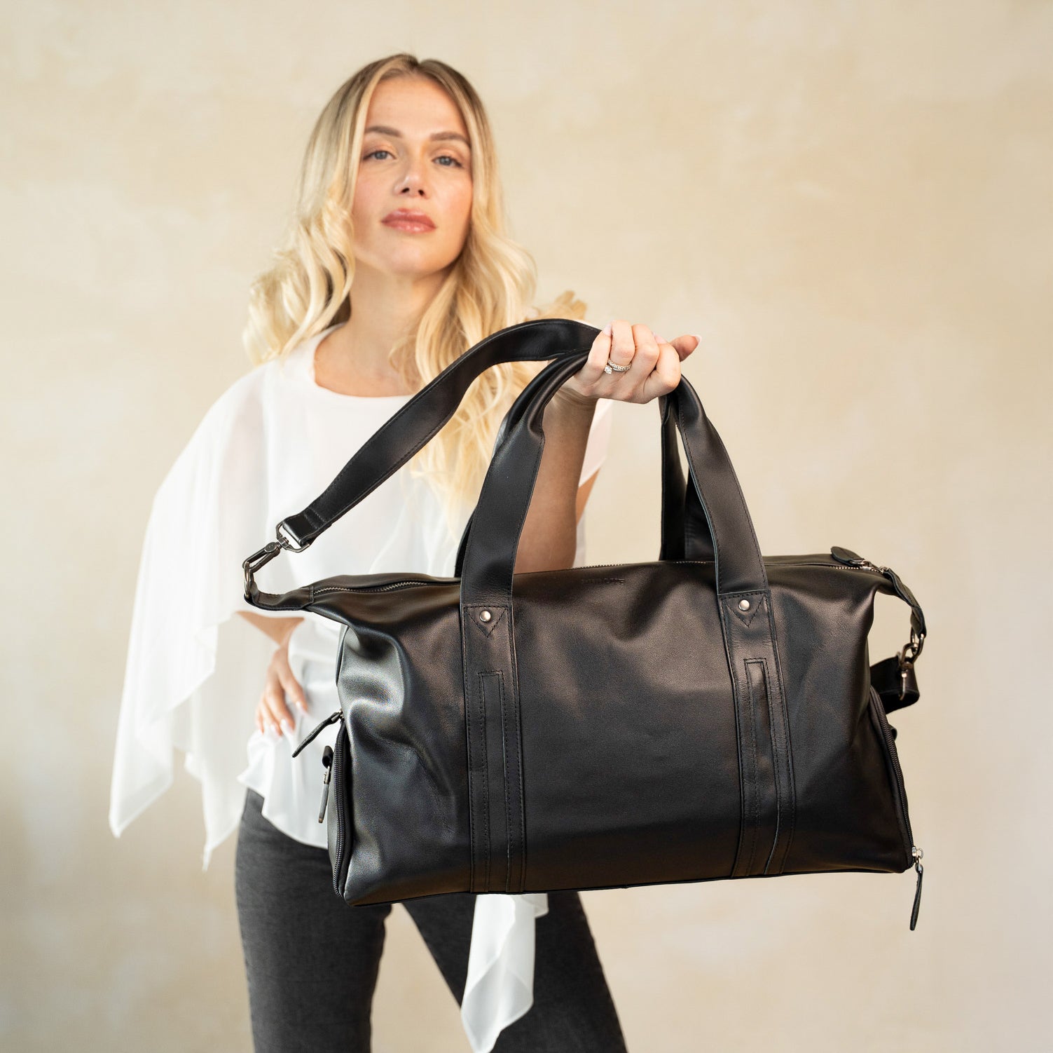 black leather duffel bag gym bag weekender bag stylish graceful for men and women