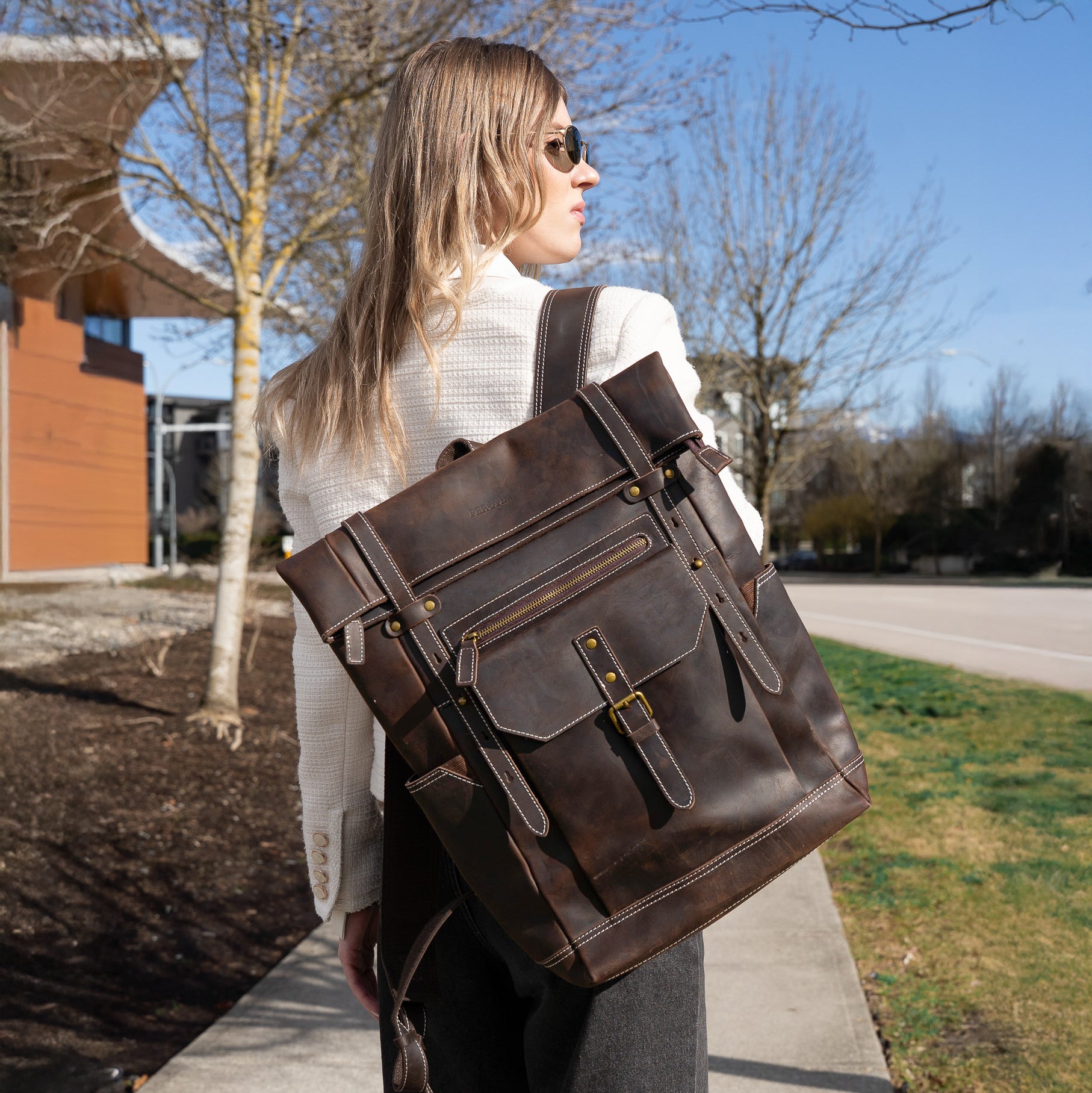 rolltop backpack brown leather bag for men and women laptop bag office bag