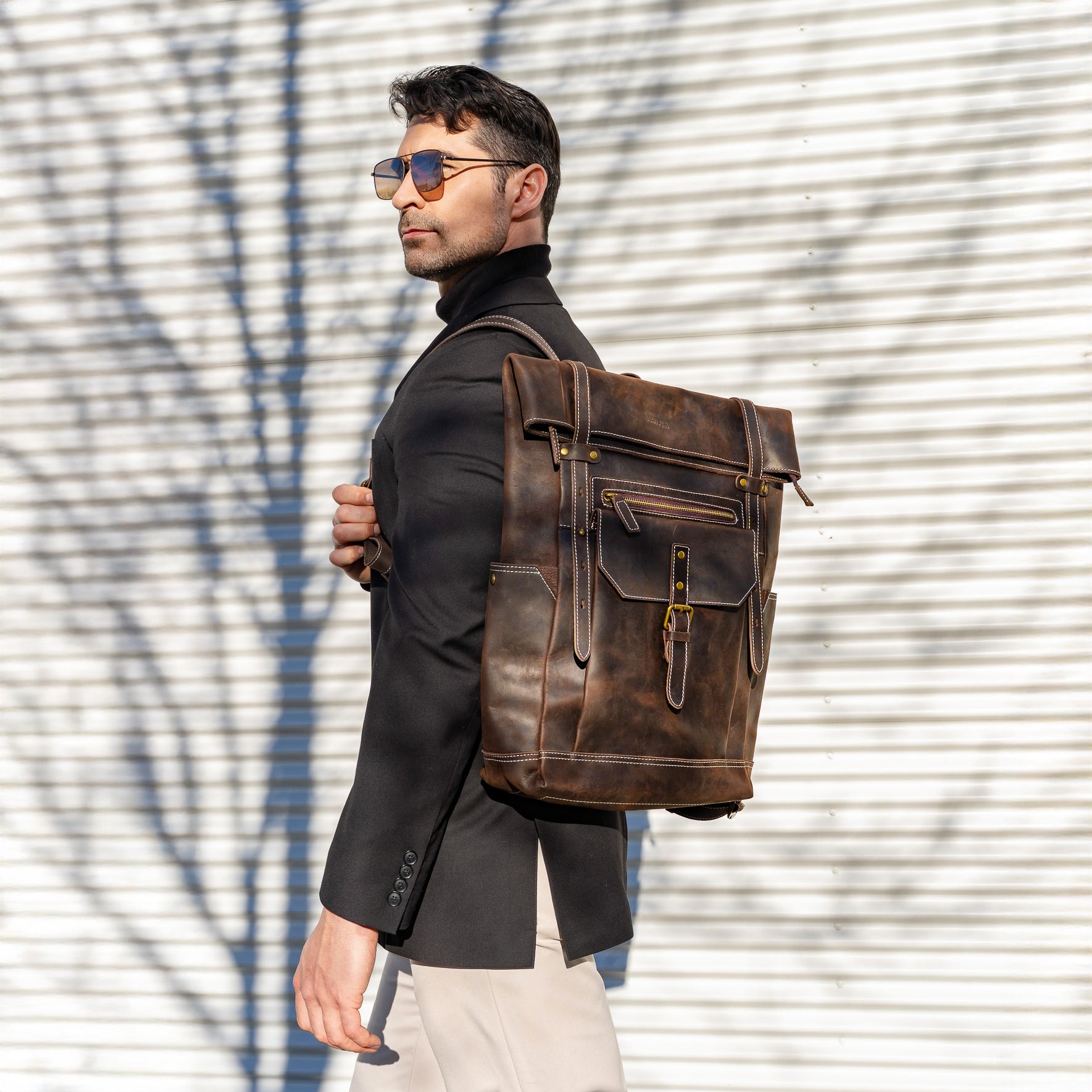rolltop backpack brown leather bag for men and women laptop bag office bag