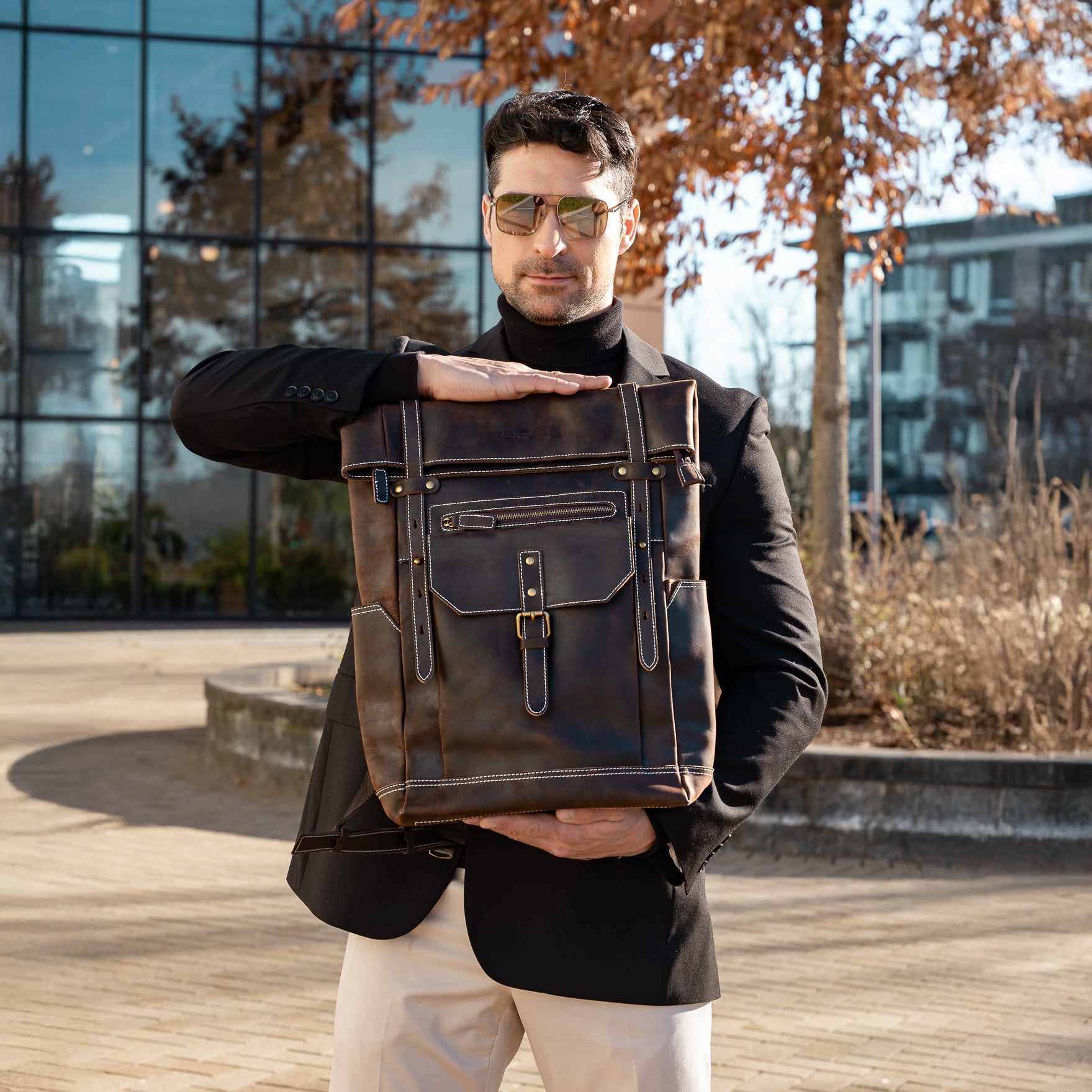 rolltop backpack brown leather bag for men and women laptop bag office bag