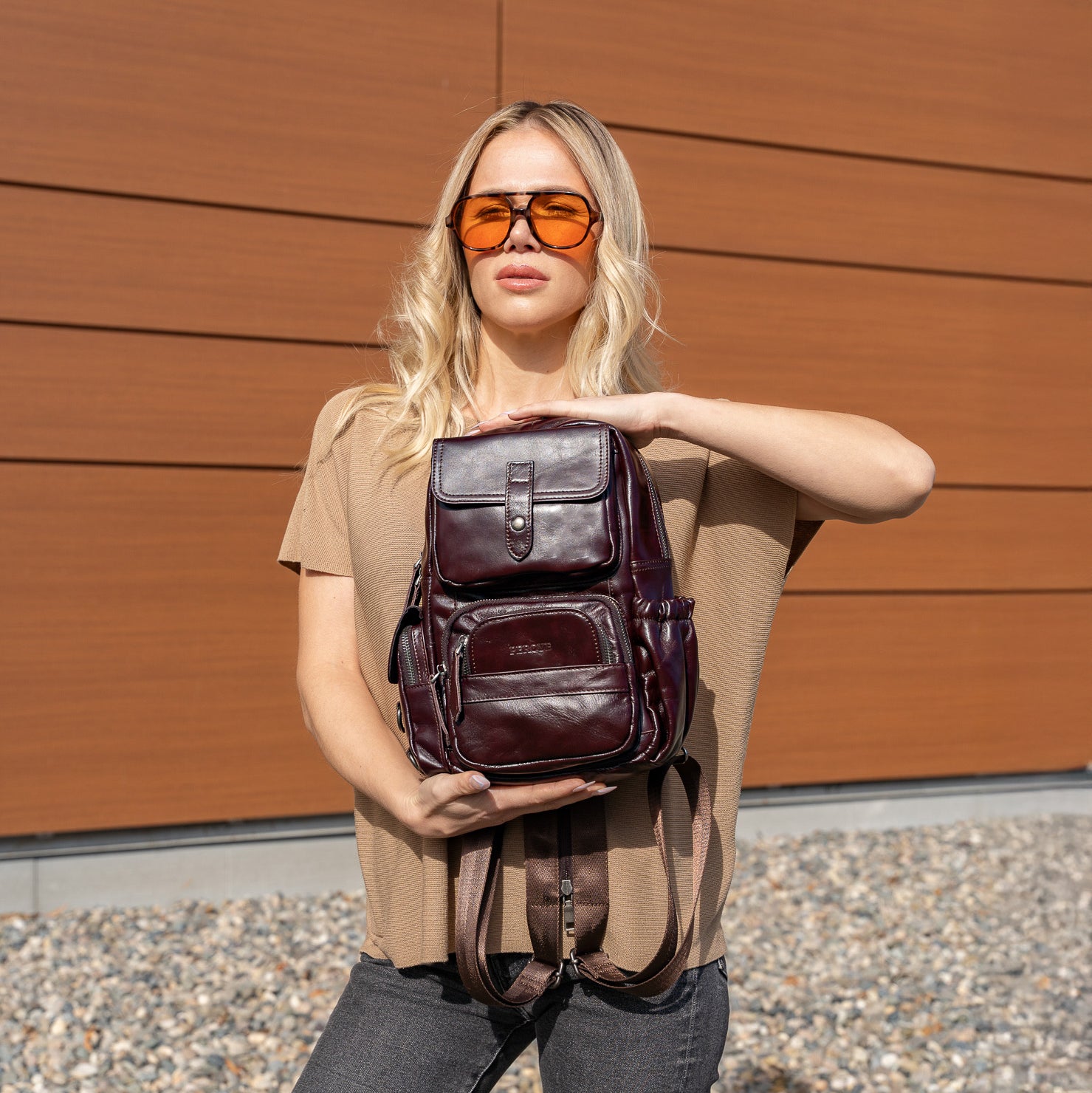 leather sling bag backpack for women maroon brown color small bag unique style hippie style leather bag