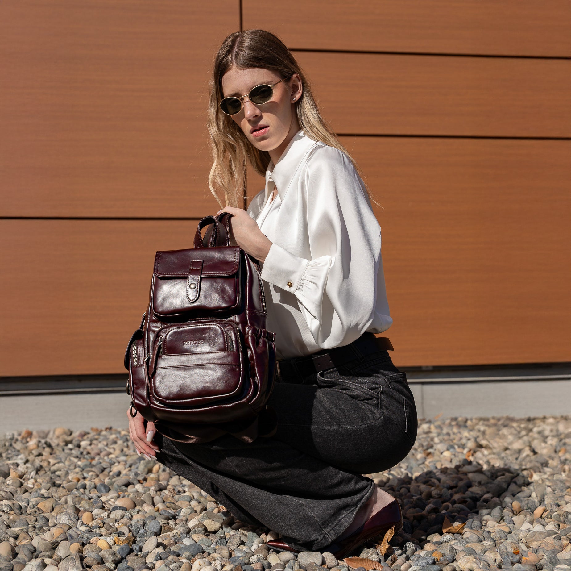 leather sling bag backpack for women maroon brown color small bag unique style hippie style leather bag