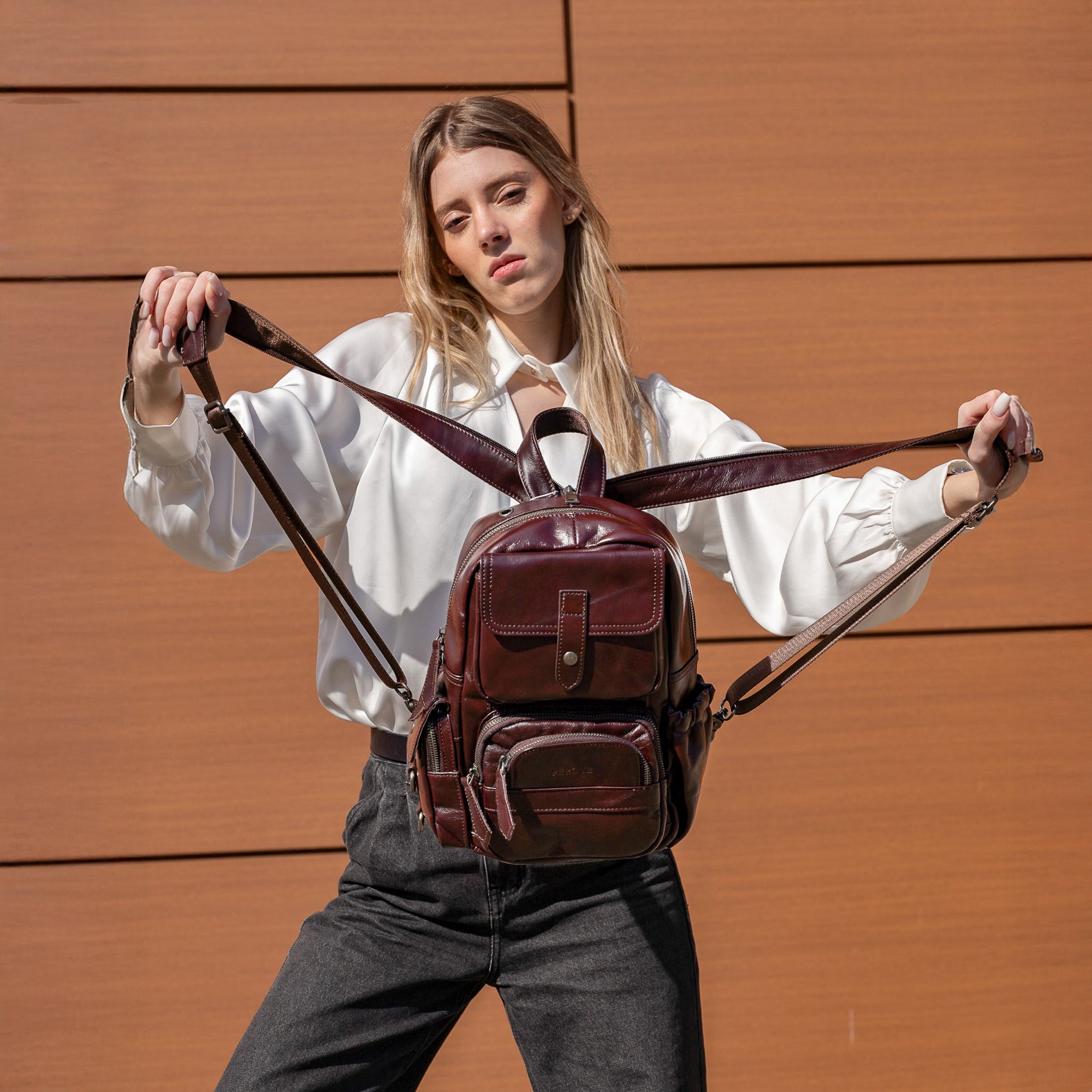 leather sling bag backpack for women maroon brown color small bag unique style hippie style leather bag