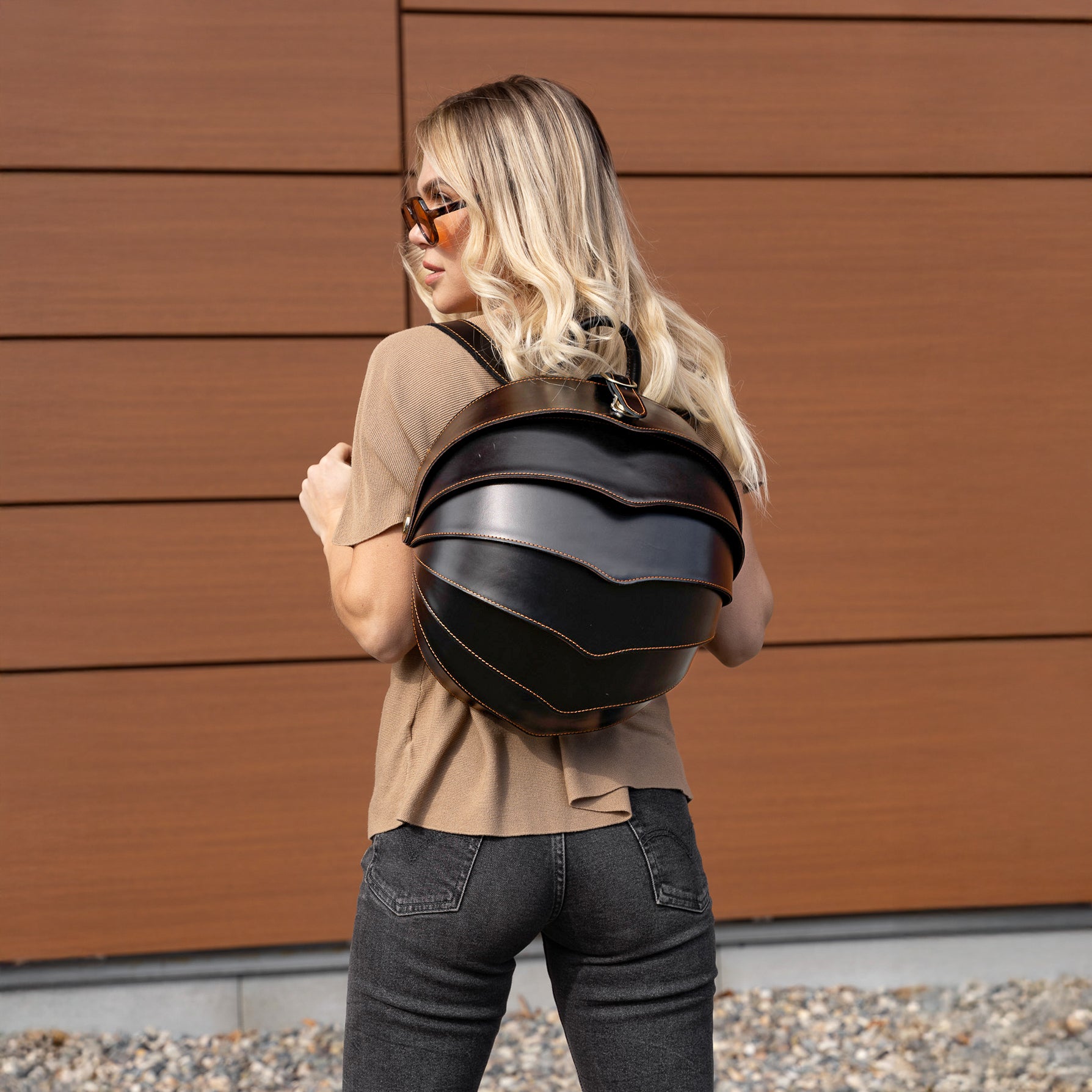 black leather backpack featured by peroye women model